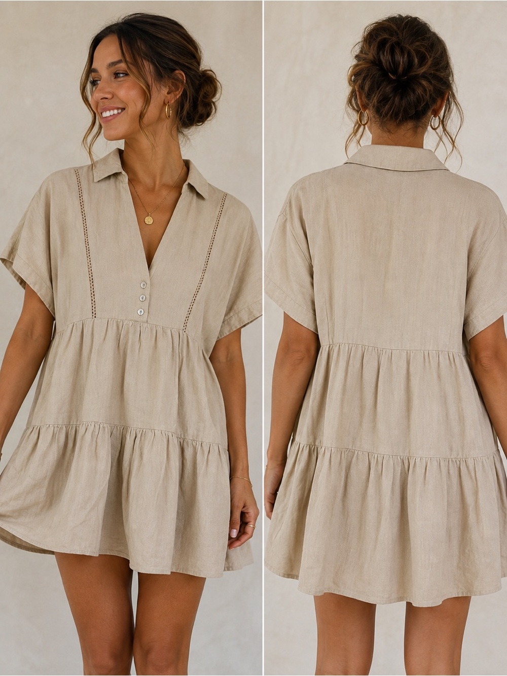 Zara Women’s XS Beige Tiered Collared Mini Dress Short Sleeve